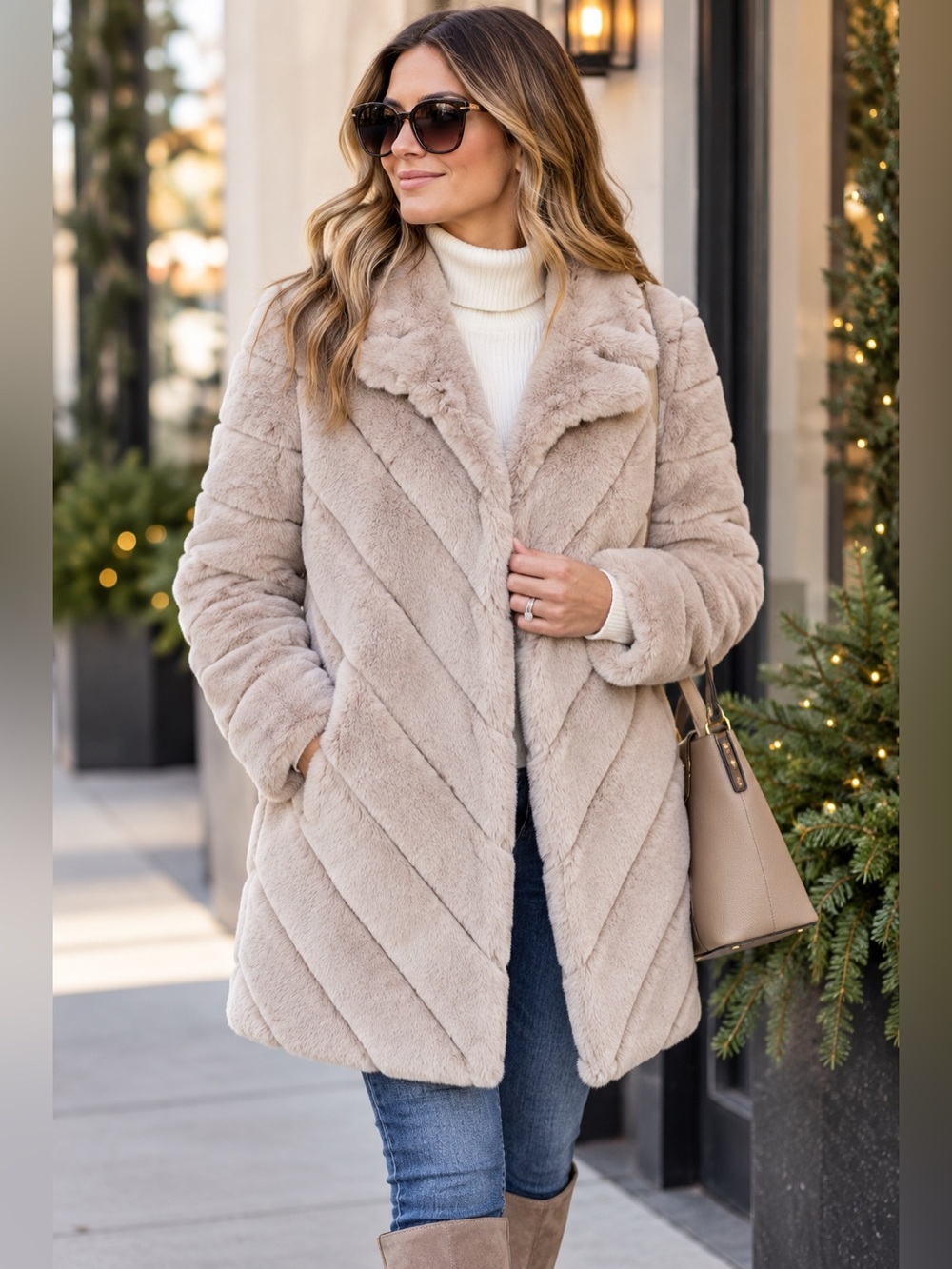 Calvin Klein Faux Fur Coat Womens Medium Beige Chevron Plush Teddy Jacket Luxury